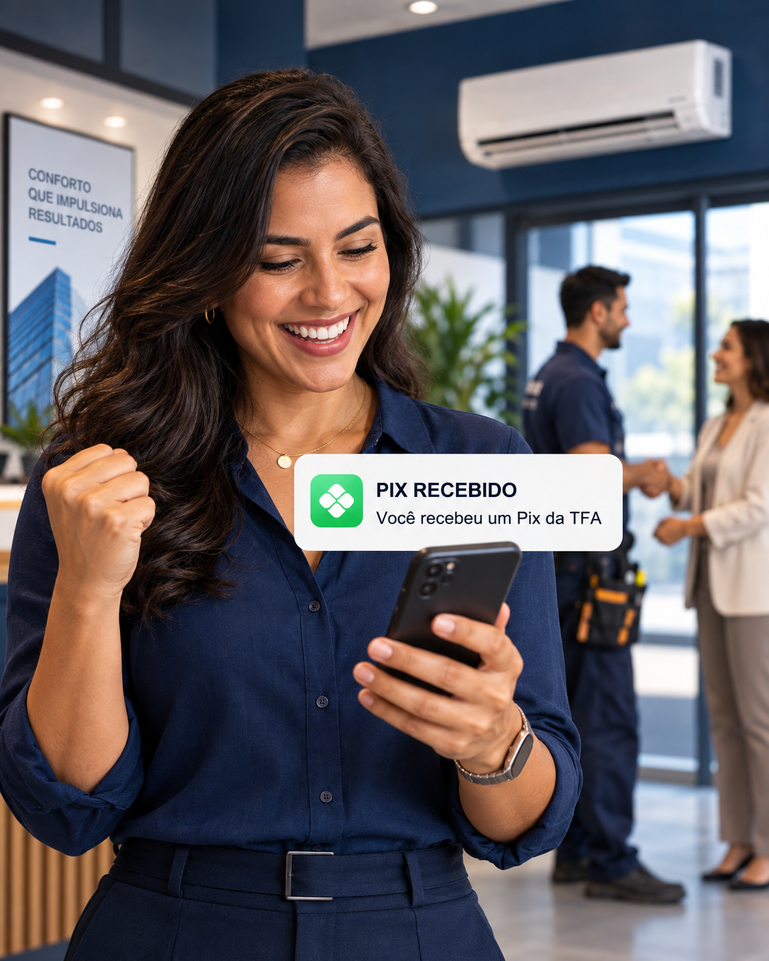 Pessoa feliz ao receber no celular uma notificação de Pix da TFA por uma indicação