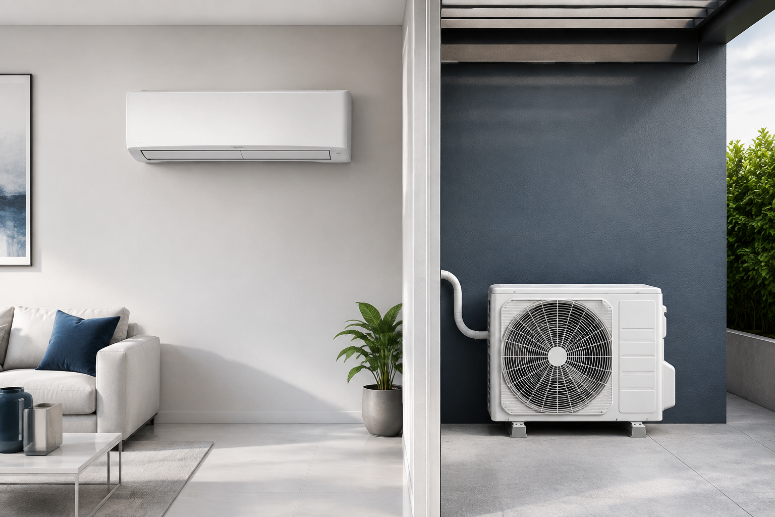 Sistema split com a evaporadora instalada no ambiente interno e a condensadora instalada na área externa